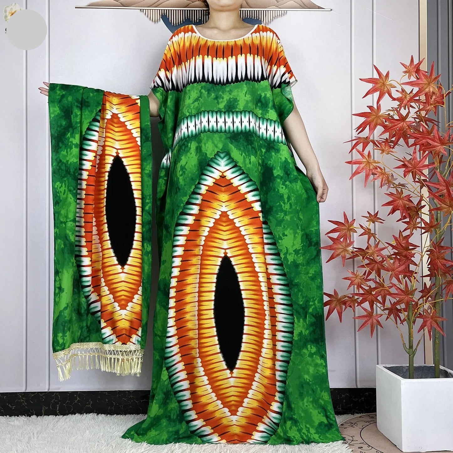 Elegant Loose fit Printed Caftan Dress with scarf