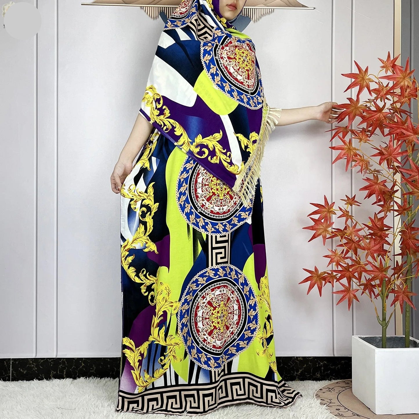 Elegant Loose fit Printed Caftan Dress with scarf