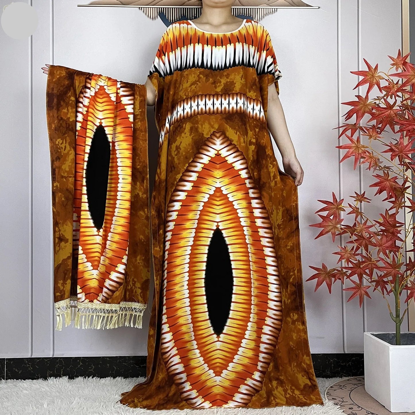 Elegant Loose fit Printed Caftan Dress with scarf