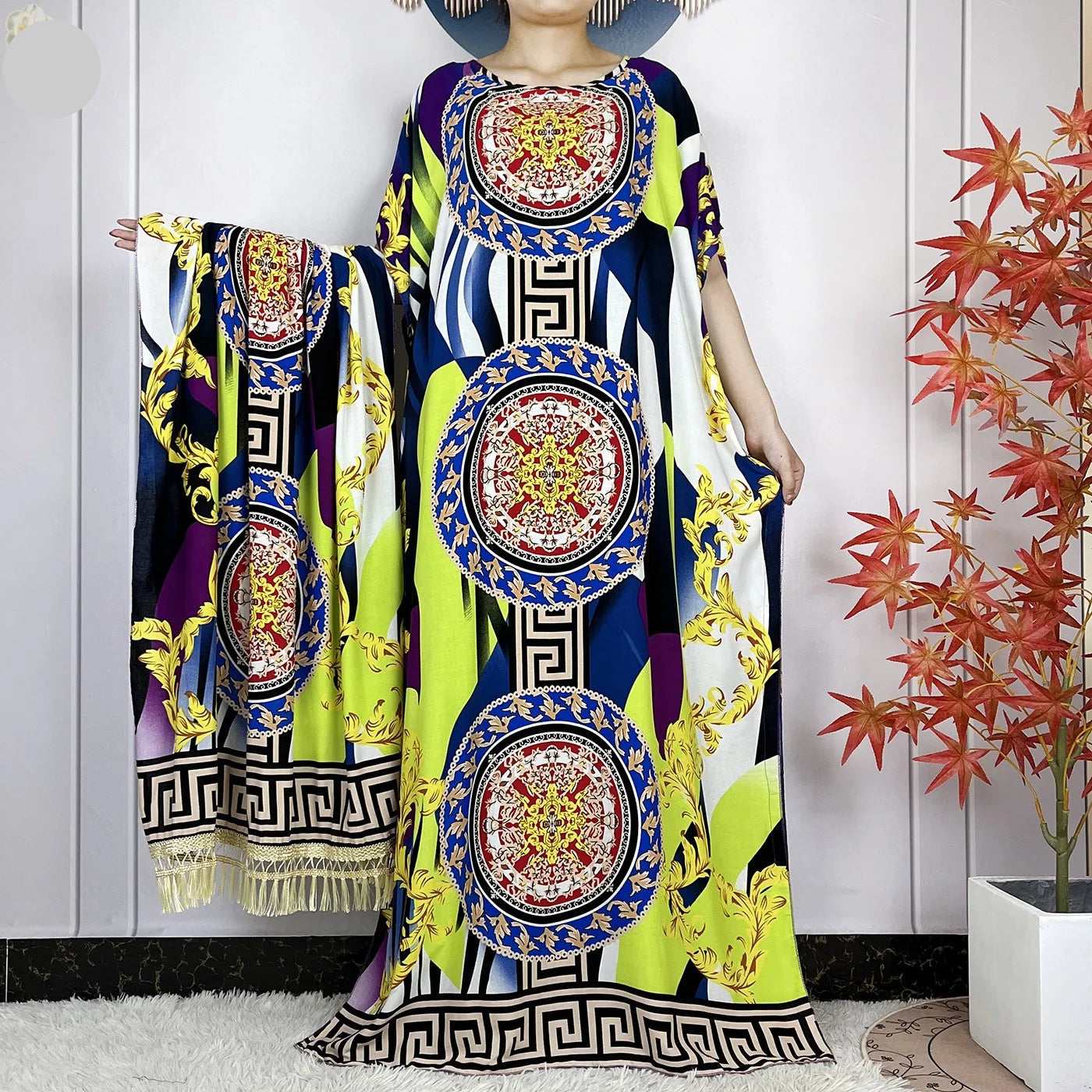 Elegant Loose fit Printed Caftan Dress with scarf