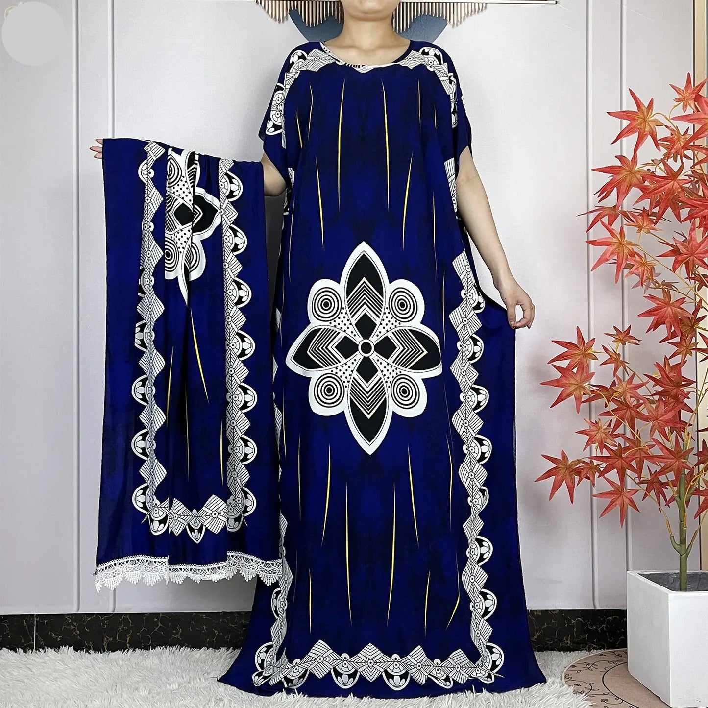 Elegant Loose fit Printed Caftan Dress with scarf