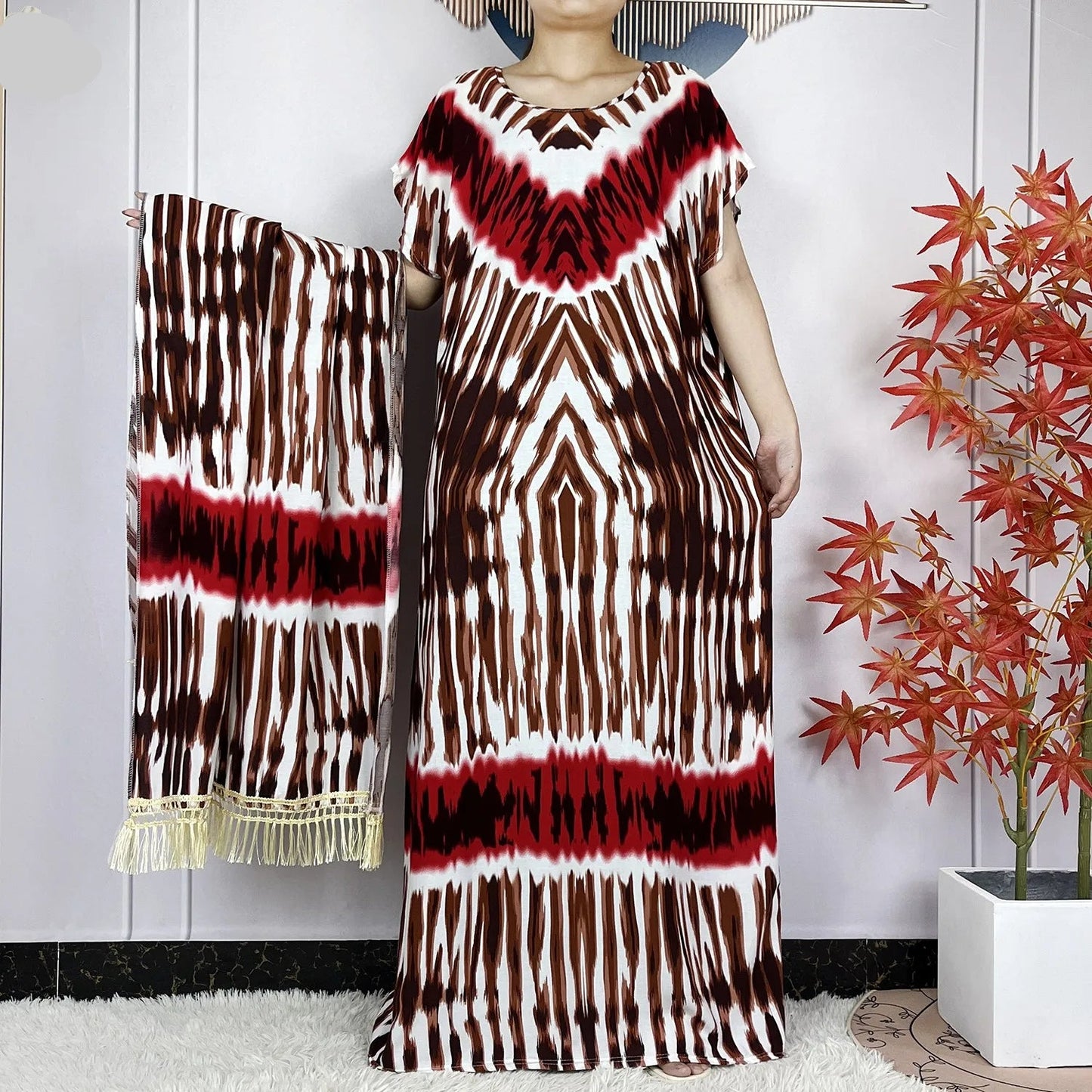 African Tie-Dye Dashiki Abaya Dress with Scarf