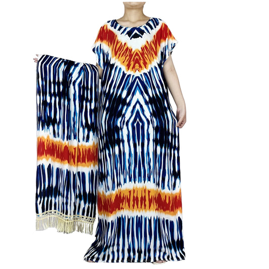 African Tie-Dye Dashiki Abaya Dress with Scarf