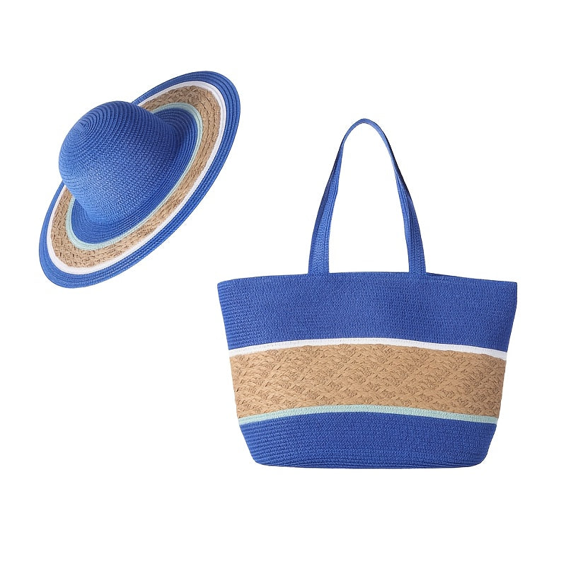 Summer Travel Set: 2pcs Wide Brim Straw Hat And Large Capacity Beach Bag with Zipper Closure, Perfect for Summer Outdoor Adventures, Camping, And Beach Vacation