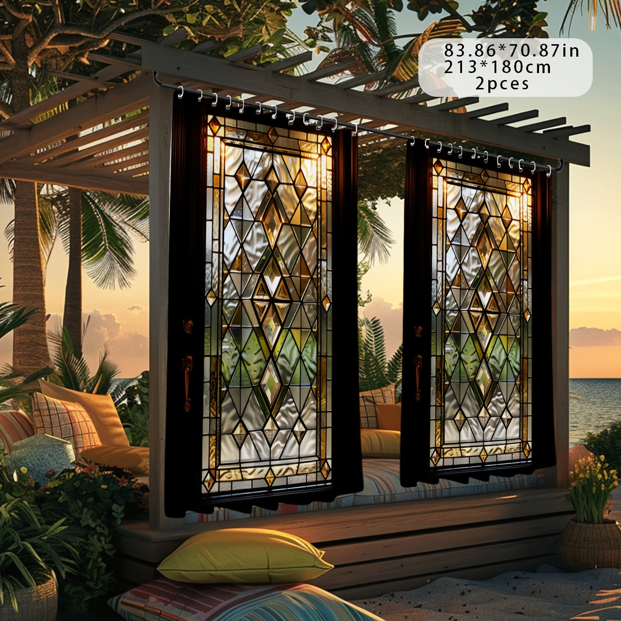 Outdoor Curtain, Semi-transparent Glass Door Print Pattern 2D, Machine Washable Suitable for Patio, Pavilion, Courtyard, Garden, Bathroom, All Seasons with Hook, 1pc/2pcs Sunshade Curtain, Toilet Cover, Bathroom Accessories,
