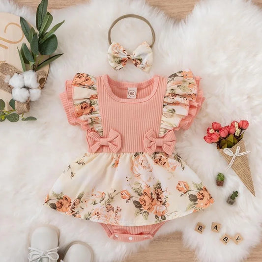 Baby Girl Ribbed Floral Romper Bodysuit