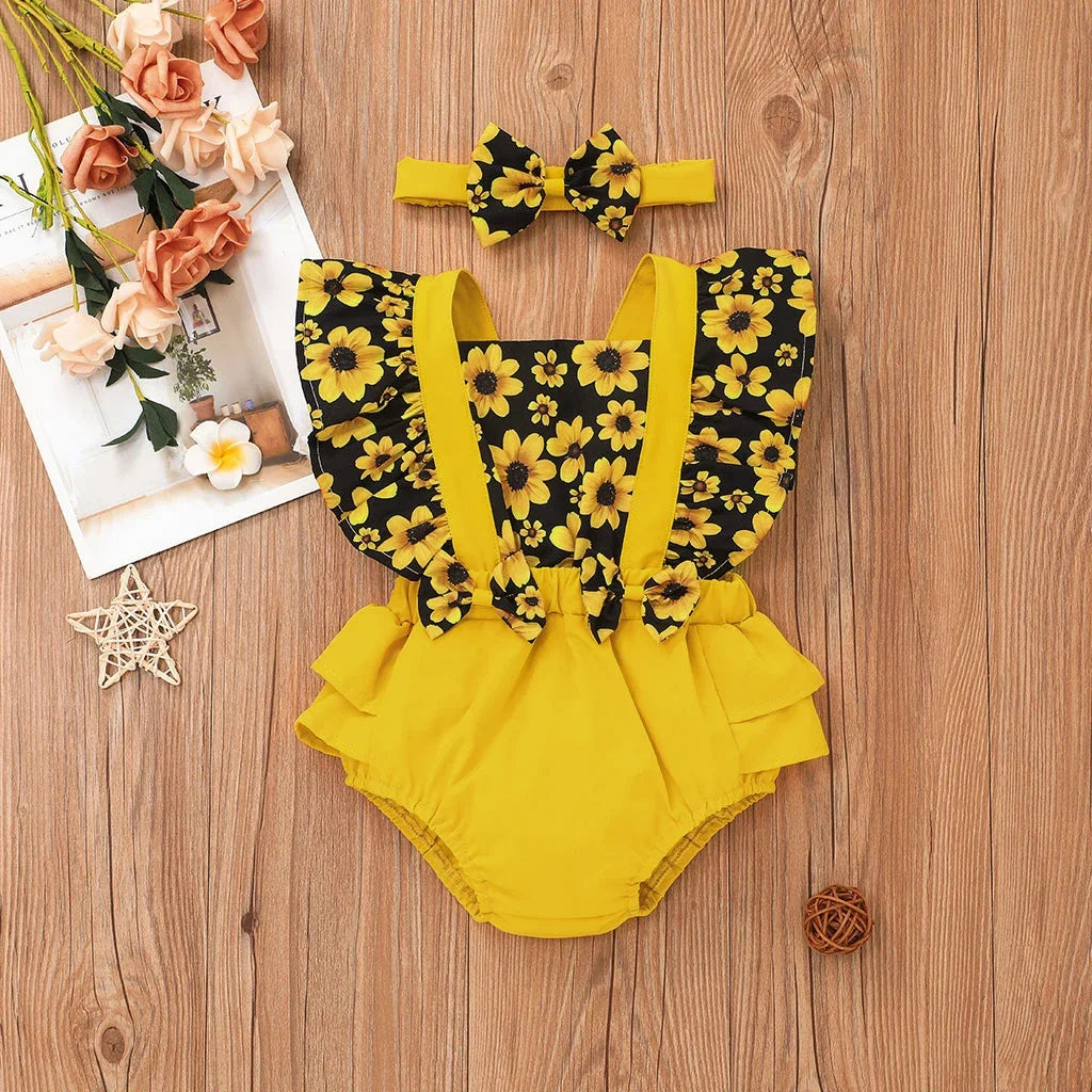 Baby Girl Sunflower Ruffle Romper with Headband Set