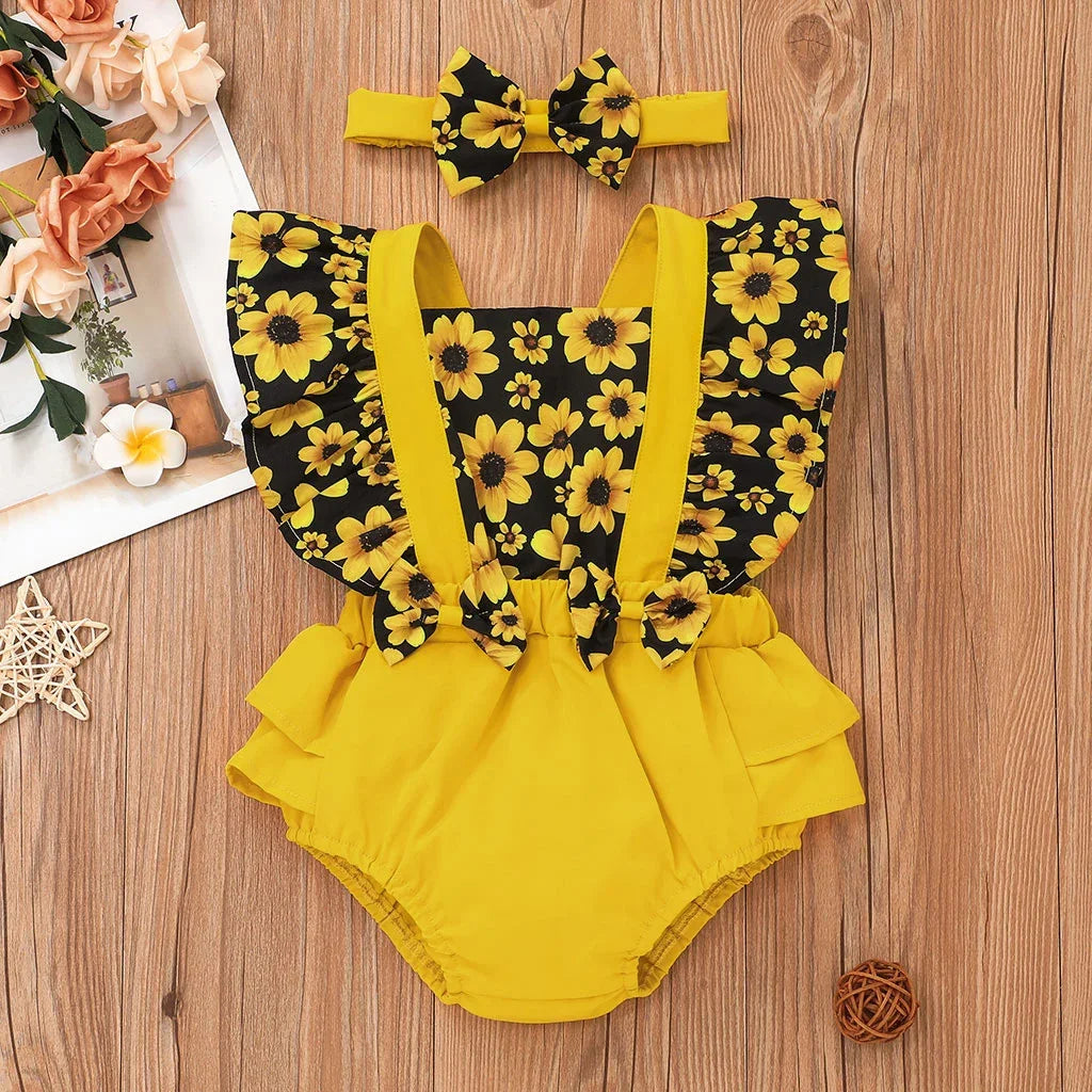 Baby Girl Sunflower Ruffle Romper with Headband Set