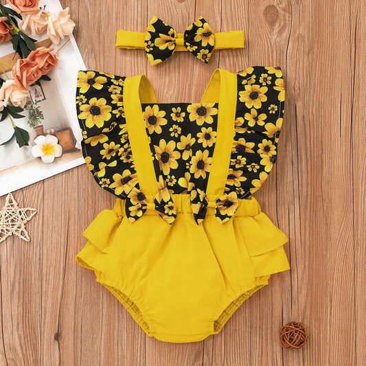 Baby Girl Sunflower Ruffle Romper with Headband Set