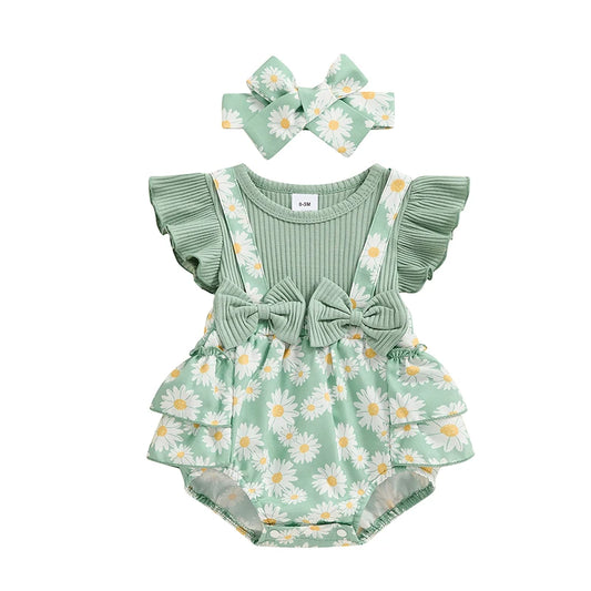 Baby Girls Flower Print Romper with Bow & Headband