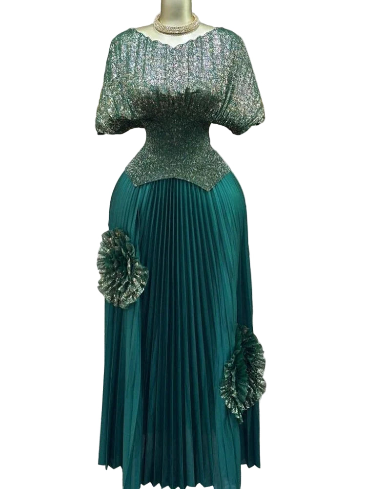 Women Batwing Top & 3D floral Pleated Skirt