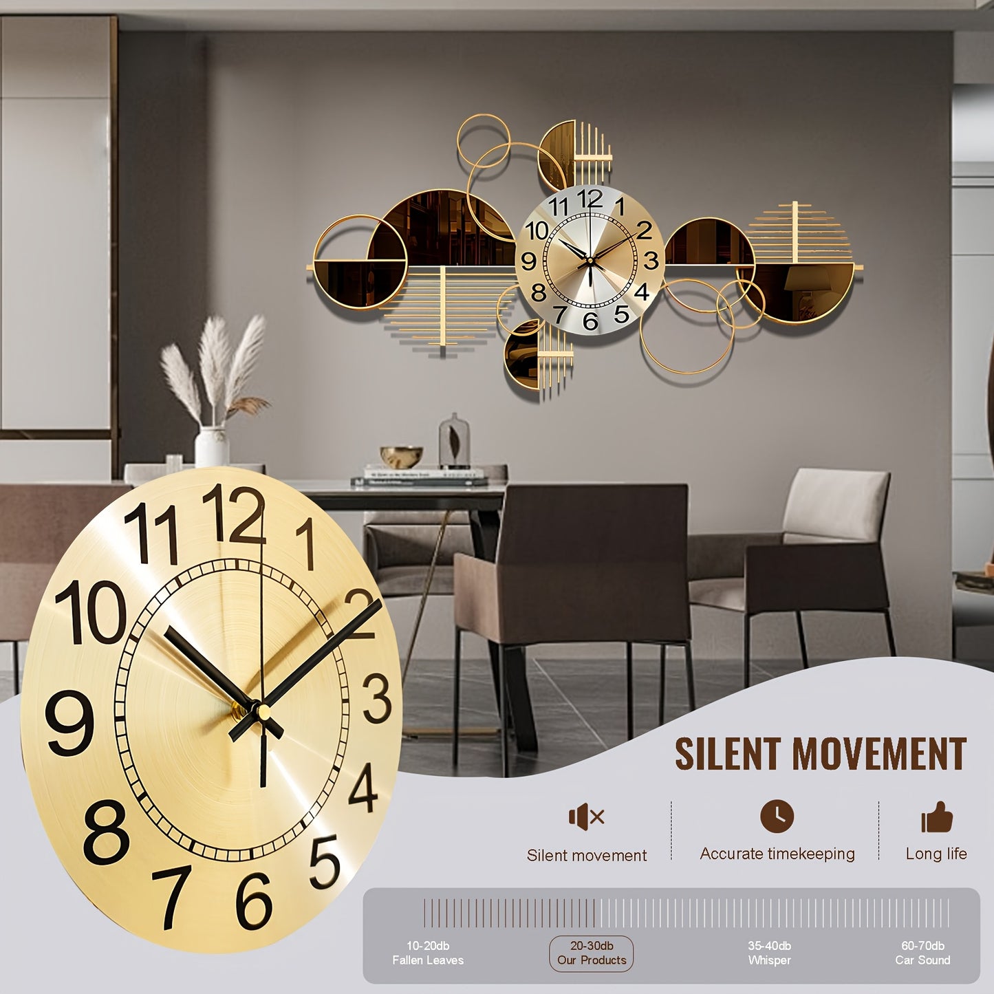 31" x 17" Modern Metal Wall Clock - Silent No-Ticking, 3D Decorative Art for Living Room & Bedroom, Golden Geometric Design, Large Creative Wall Clock Decor, No Ticking Mechanism, Wall Clock Living Room