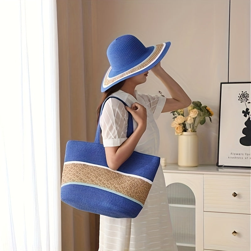 Summer Travel Set: 2pcs Wide Brim Straw Hat And Large Capacity Beach Bag with Zipper Closure, Perfect for Summer Outdoor Adventures, Camping, And Beach Vacation