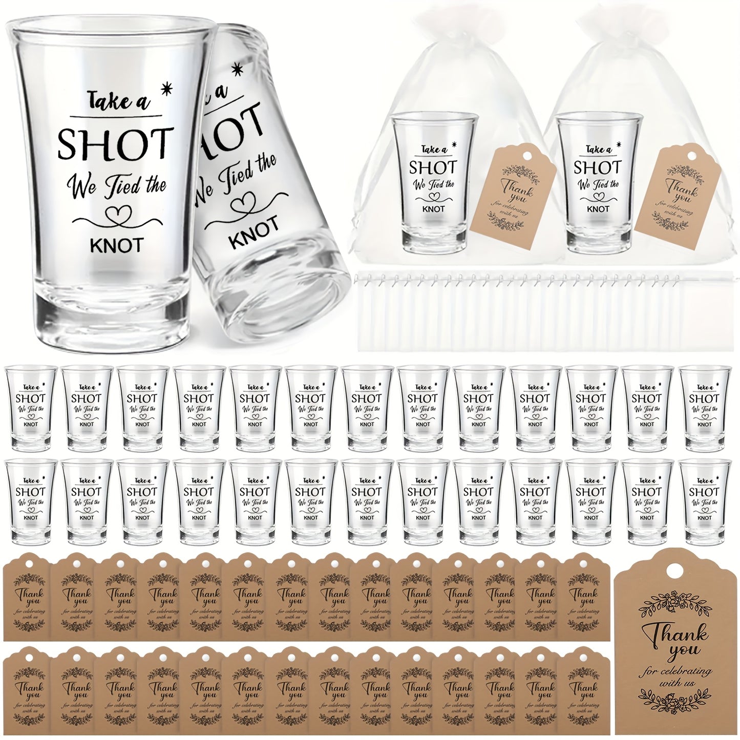 90pcs/30 Sets Wedding Favors for Guests, Acrylic Clear Shot Glasses with Thank You Cards, Organza Bags And 'Take A Shot We Tied The Knot' Stickers for Engagement Bridal Shower Party Gift Souvenirs, Birthday Party, Multi-Item