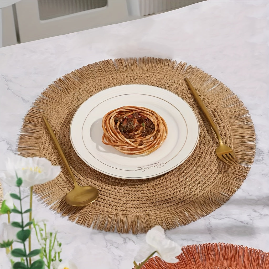 [12pcs Bohemian Linen Placemats]12pcs Bohemian-Style Round Placemats with Tassels, 6 Popular Colors, 15Inch Farmhouse Paper Placemats for Natural Farmhouse Table Family Gatherings Birthdays Party Decor, Heat-Resistant Protect
