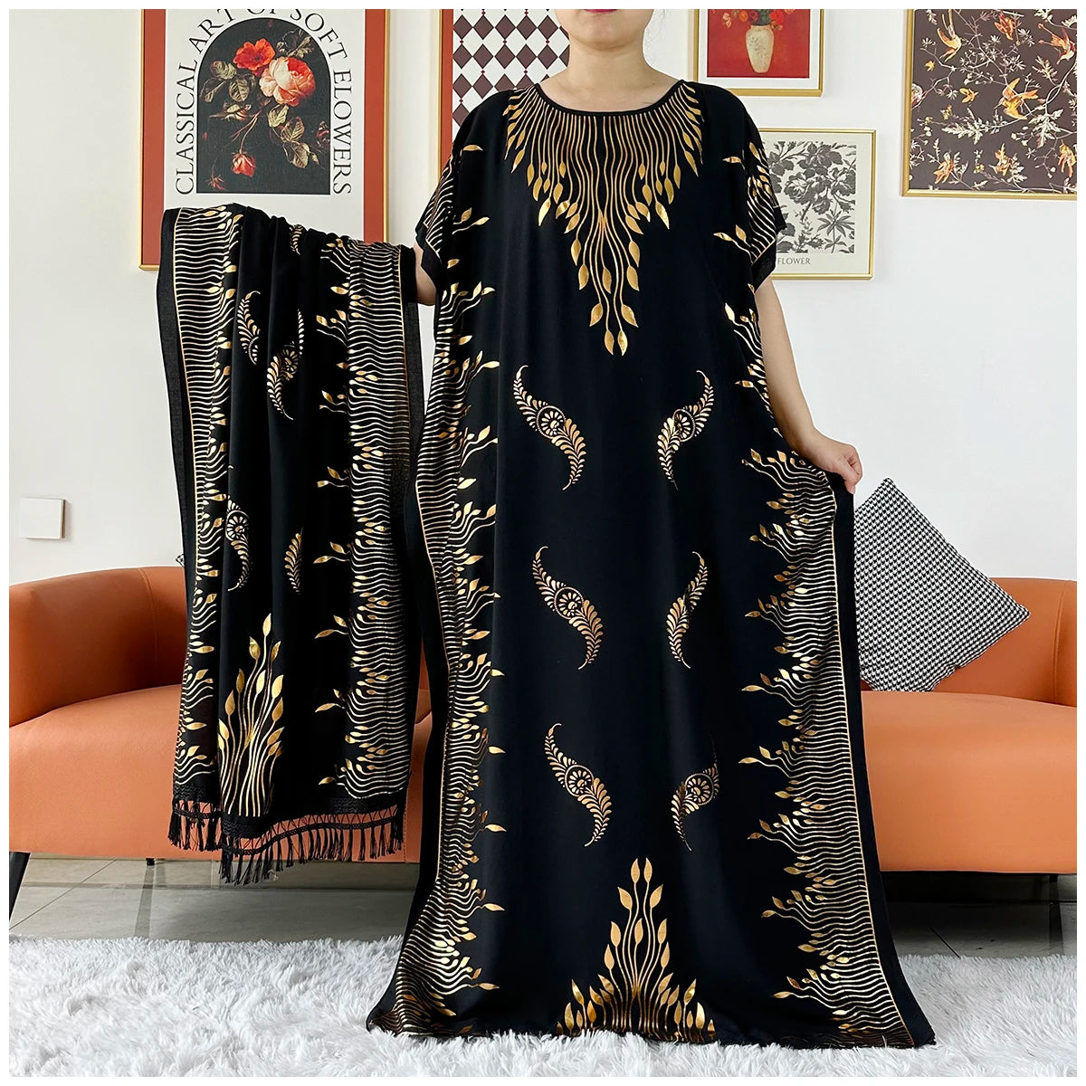 Women Dubai Print Caftan Dress with Headscarf