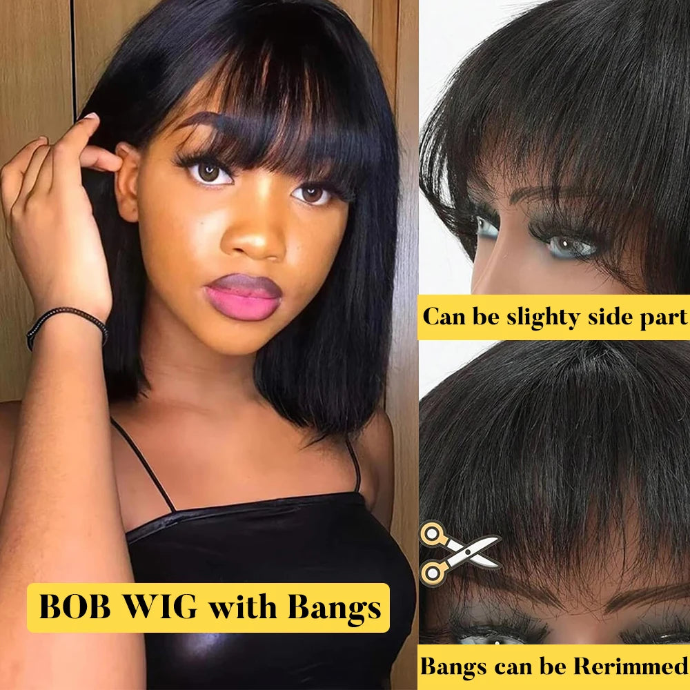 Short Straight Bob Wig with Bangs-Human Hair