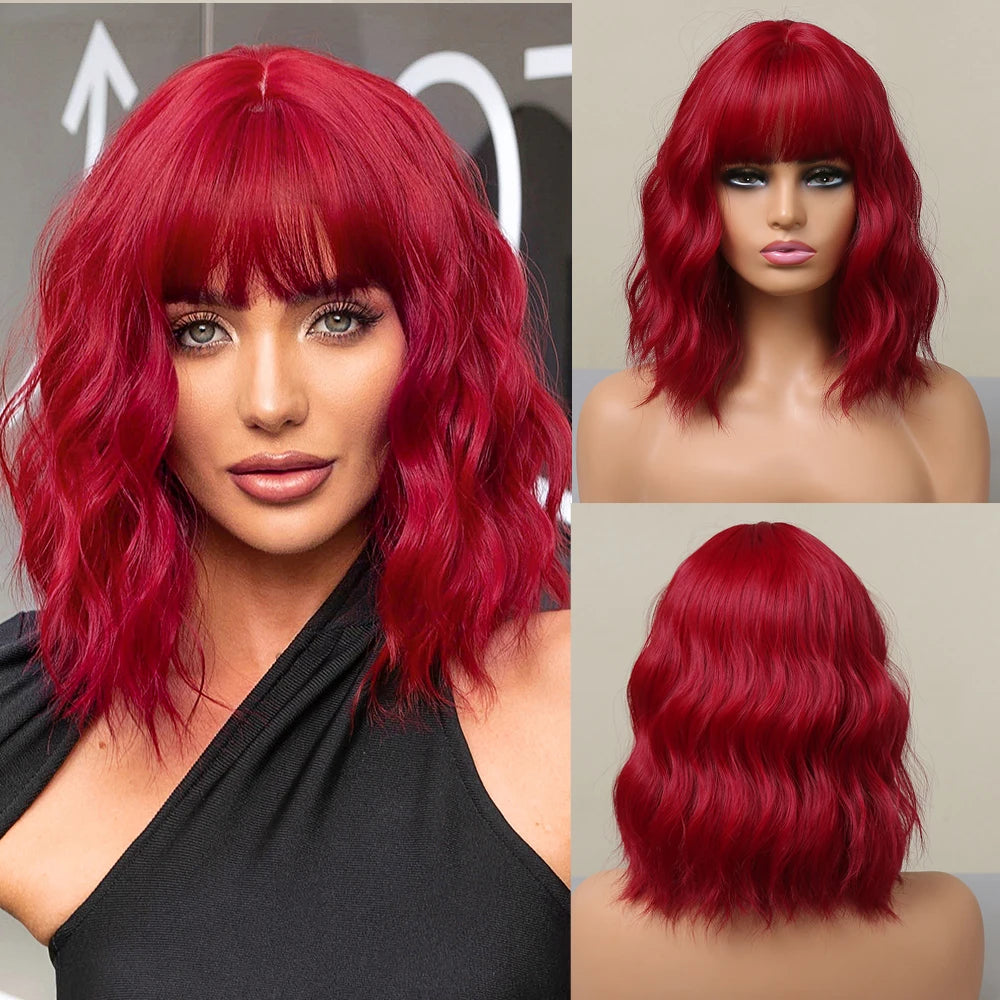Synthetic Short Wavy Colored Wig with Bangs