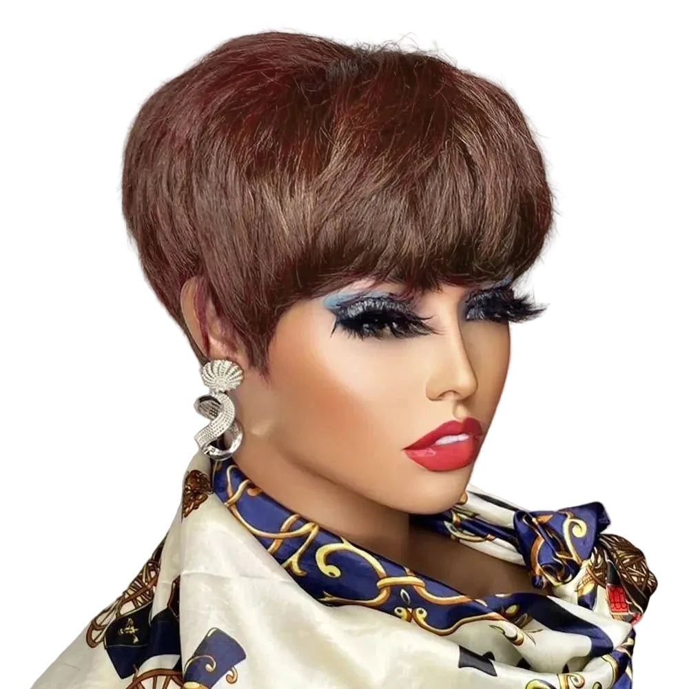 Brown Short Pixie Cut Human Hair Wig with Bangs