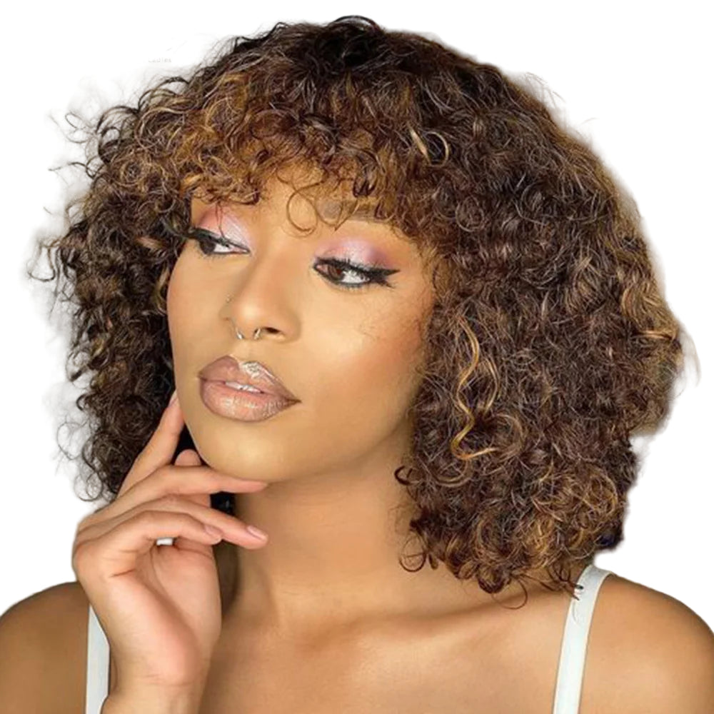 Short Jerry Curly Human Hair Wig with Bangs