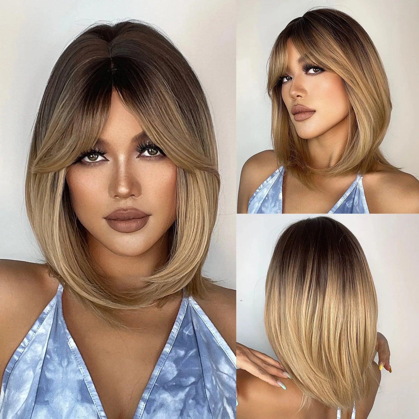 Brown Ombre Medium Length Wig with Bangs