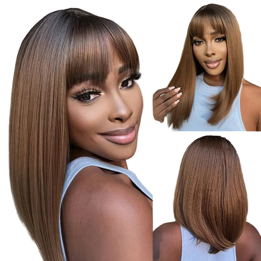 Brown Ombre Medium Length Wig with Bangs
