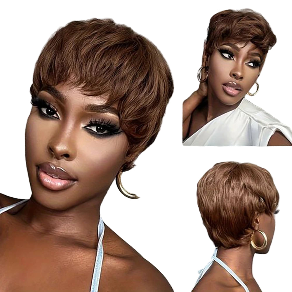 Brown Pixie Cut Human Hair Wig with Bangs