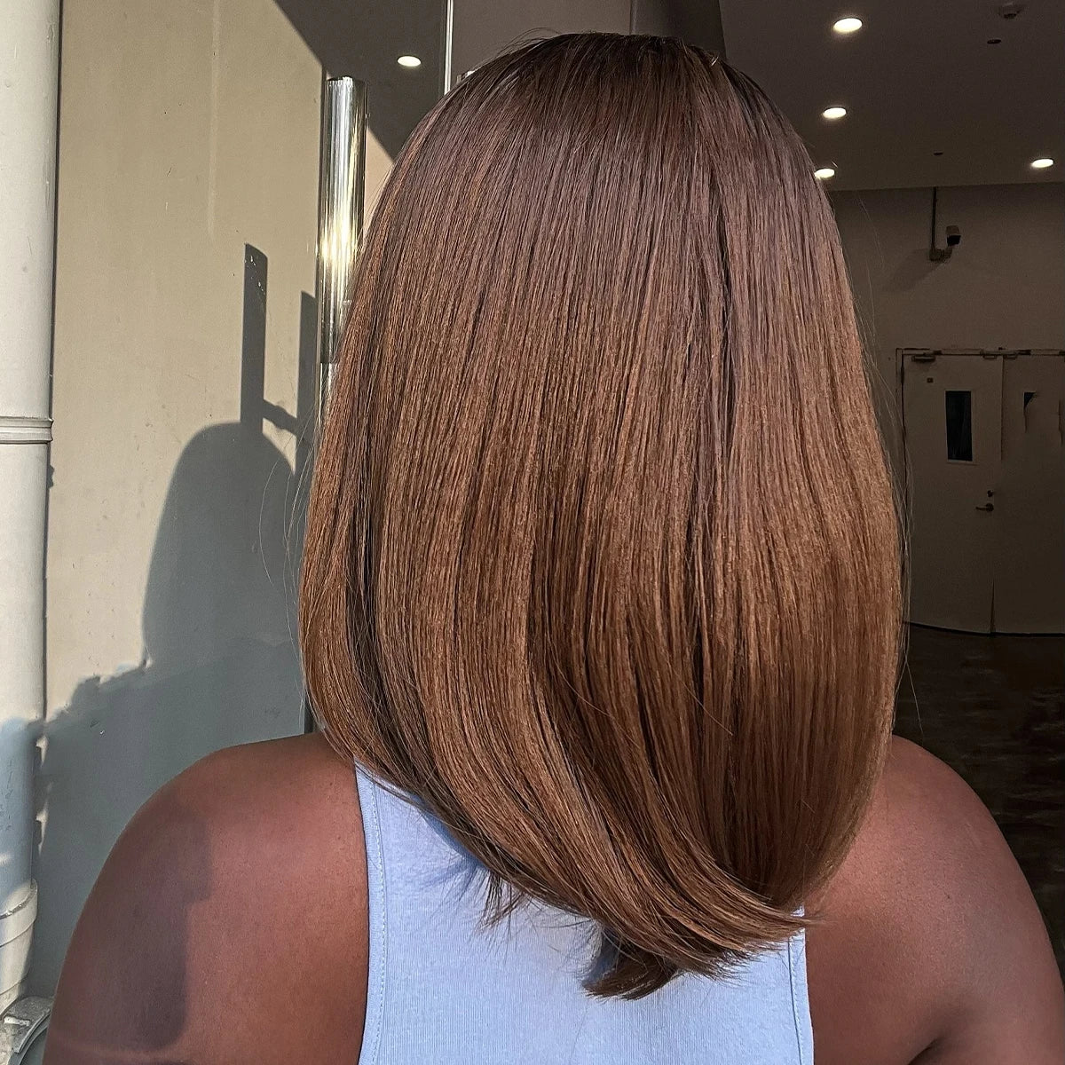 Brown Ombre Medium Length Wig with Bangs