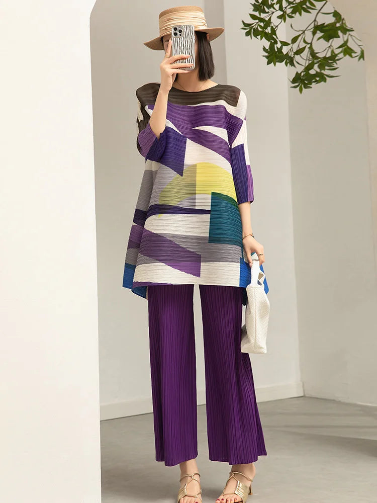 Women Color Block Shirt & Wide Pants Set