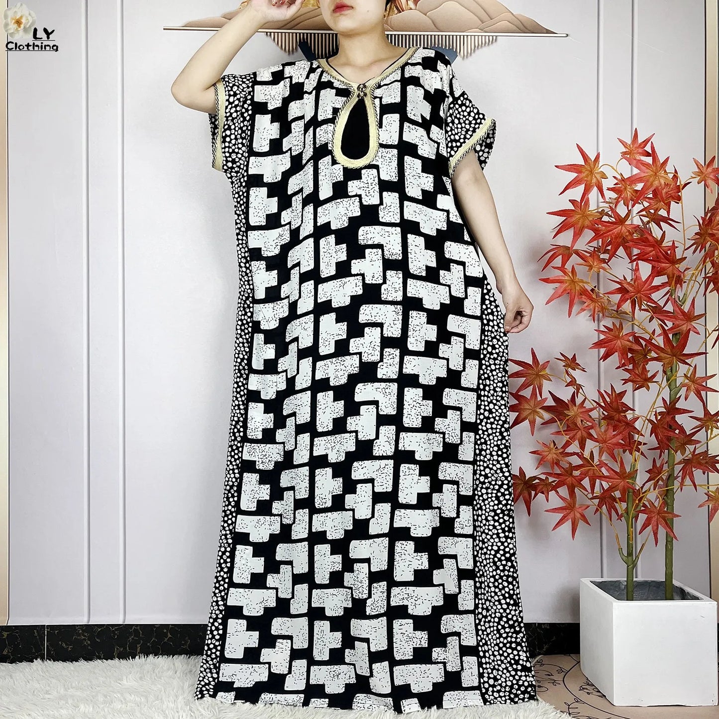 Women Cotton Loose Maxi Dress with Scarf