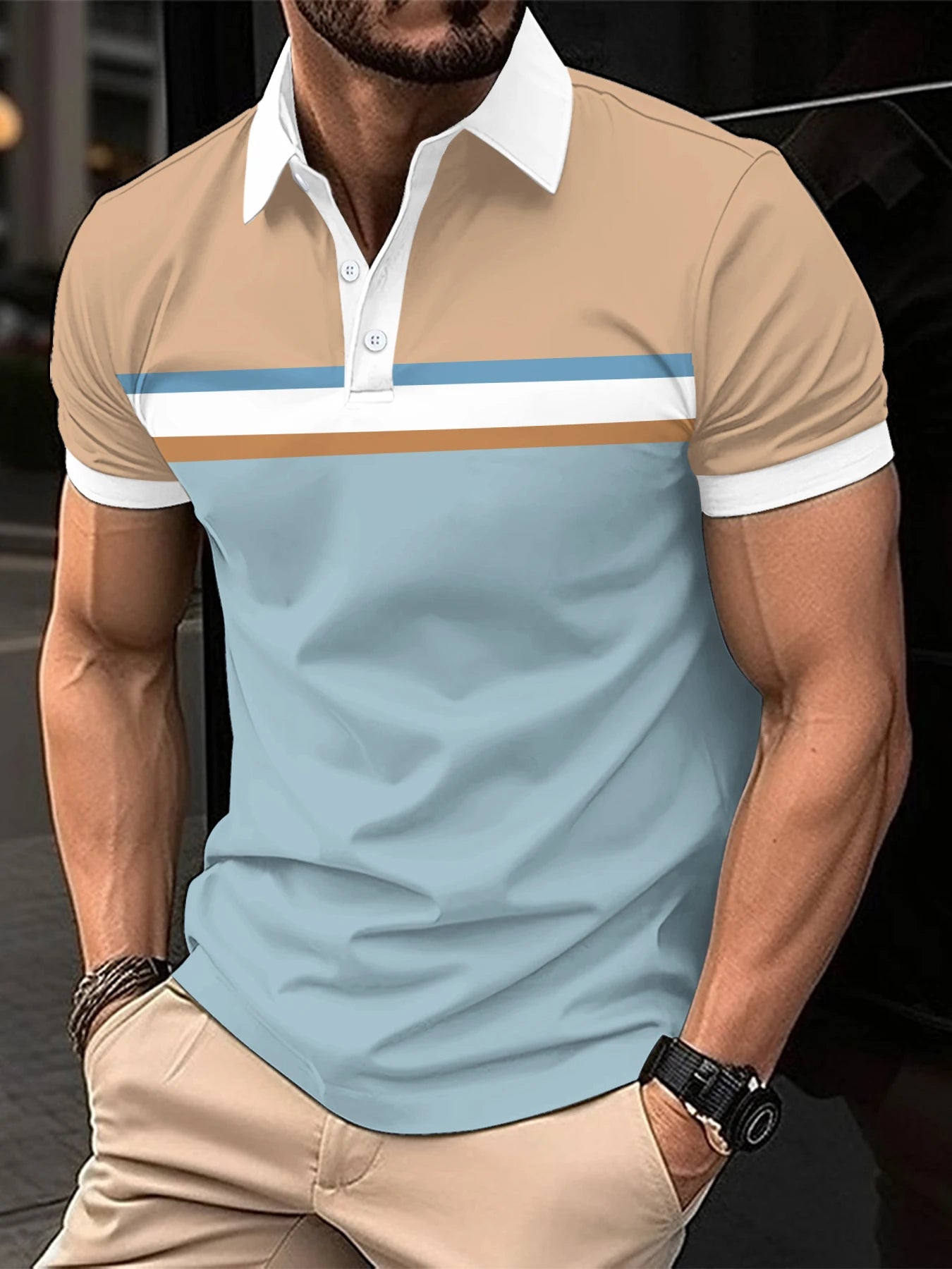 Men’s Spliced Striped Polo Shirt-Summer Fashion