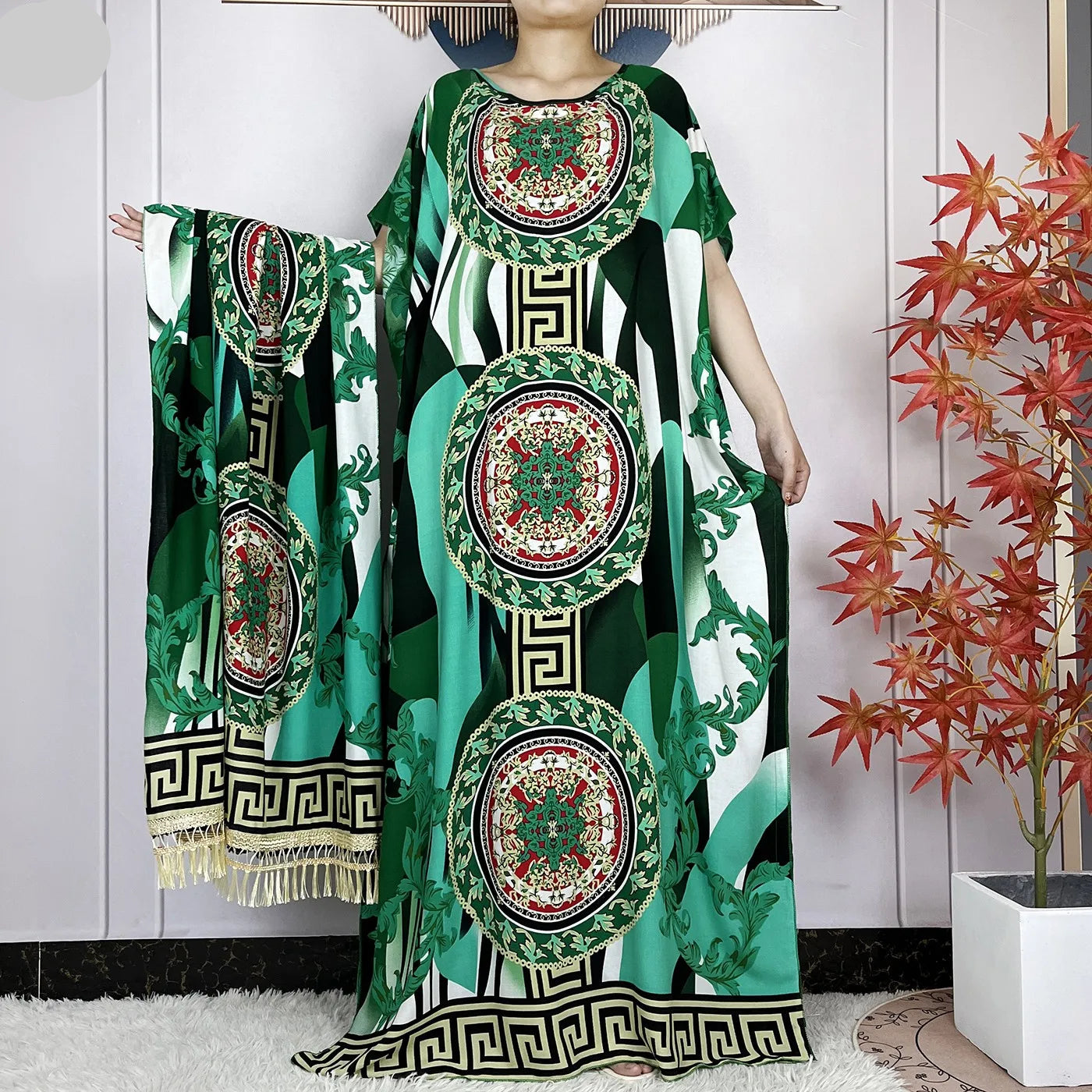 Elegant Loose fit Printed Caftan Dress with scarf