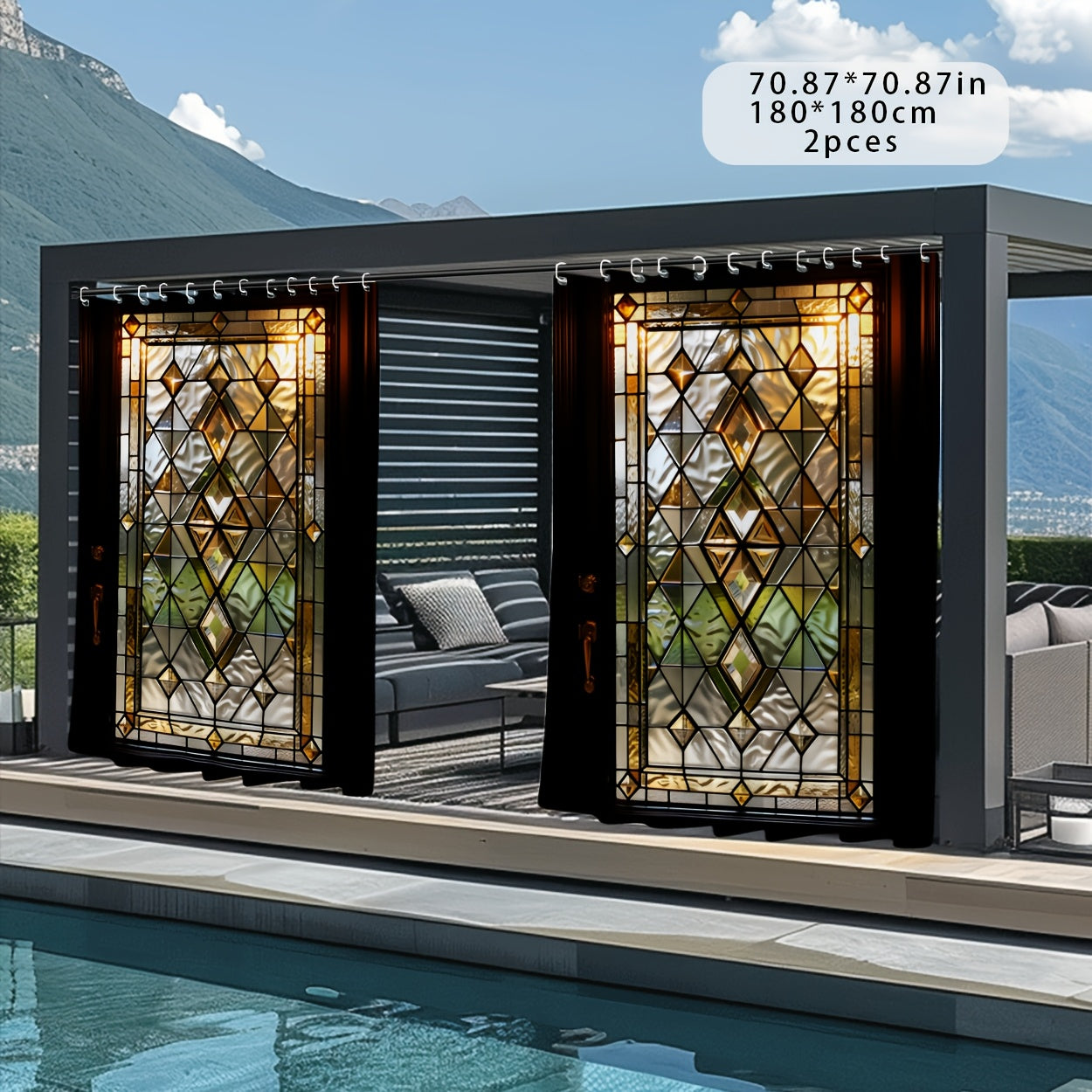 Outdoor Curtain, Semi-transparent Glass Door Print Pattern 2D, Machine Washable Suitable for Patio, Pavilion, Courtyard, Garden, Bathroom, All Seasons with Hook, 1pc/2pcs Sunshade Curtain, Toilet Cover, Bathroom Accessories,