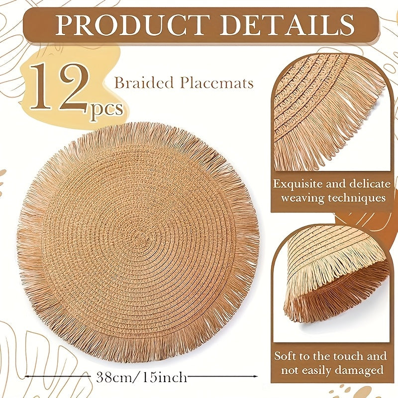 [12pcs Bohemian Linen Placemats]12pcs Bohemian-Style Round Placemats with Tassels, 6 Popular Colors, 15Inch Farmhouse Paper Placemats for Natural Farmhouse Table Family Gatherings Birthdays Party Decor, Heat-Resistant Protect