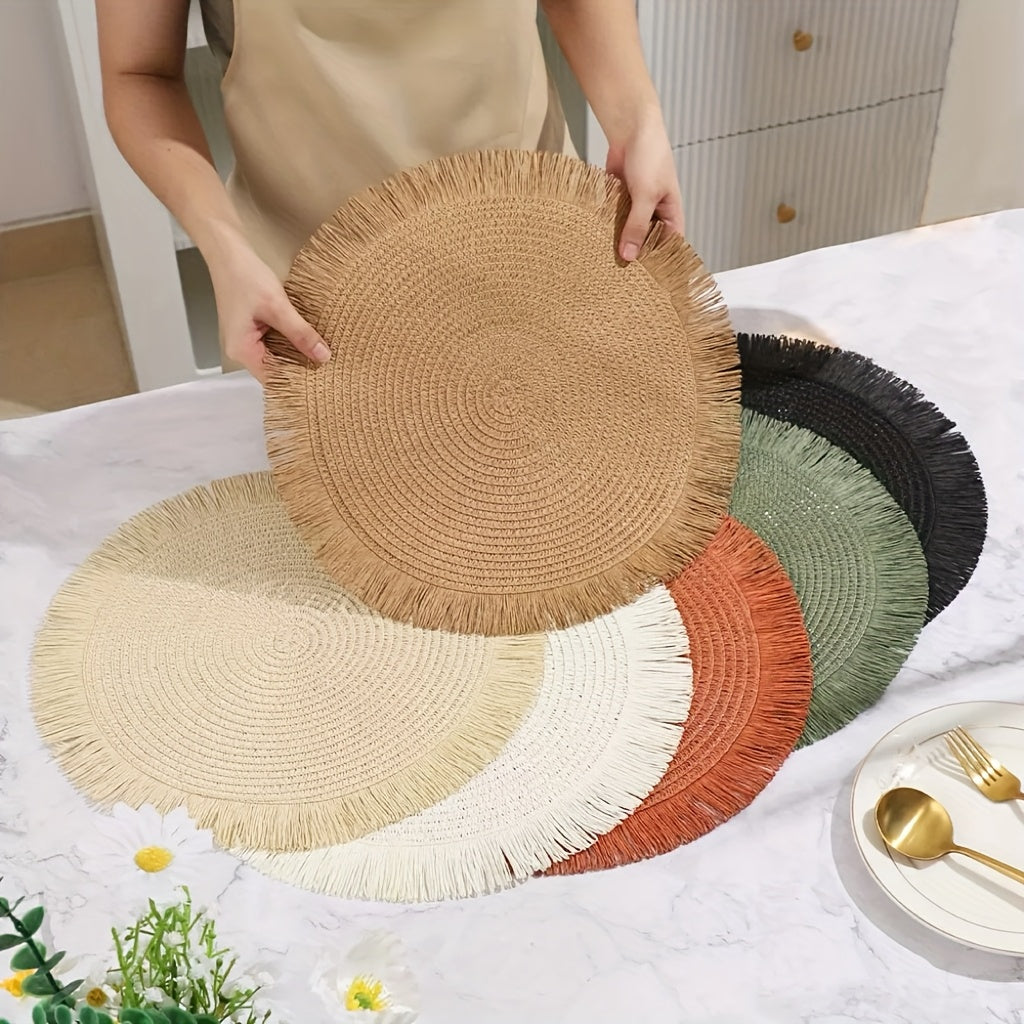 [12pcs Bohemian Linen Placemats]12pcs Bohemian-Style Round Placemats with Tassels, 6 Popular Colors, 15Inch Farmhouse Paper Placemats for Natural Farmhouse Table Family Gatherings Birthdays Party Decor, Heat-Resistant Protect
