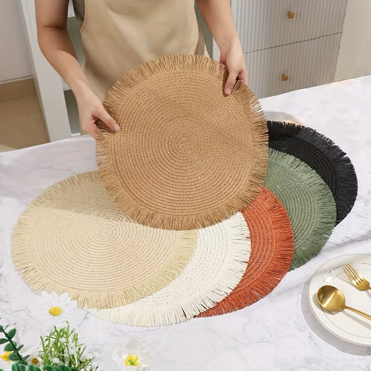 [12pcs Bohemian Linen Placemats]12pcs Bohemian-Style Round Placemats with Tassels, 6 Popular Colors, 15Inch Farmhouse Paper Placemats for Natural Farmhouse Table Family Gatherings Birthdays Party Decor, Heat-Resistant Protect
