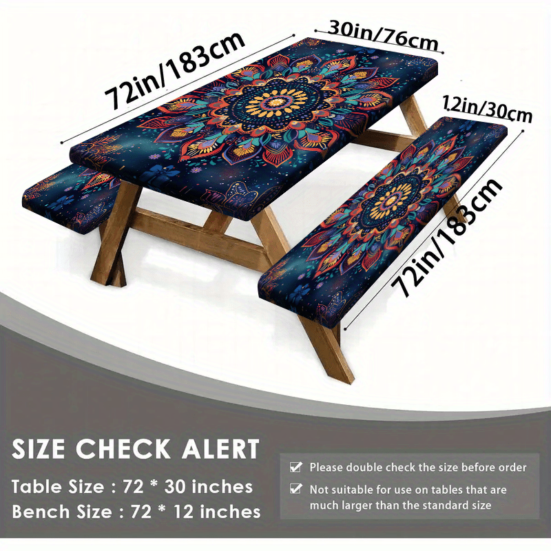 1/3pcs Outdoor Picnic Tablecloth Set (1 Tablecloth + 2 Stool Sets) Bohemian Style Colorful Floral Elastic Tablecloth, Edge Elastic Tablecloth, Suitable for Picnics, Camping, and Outdoor Activities