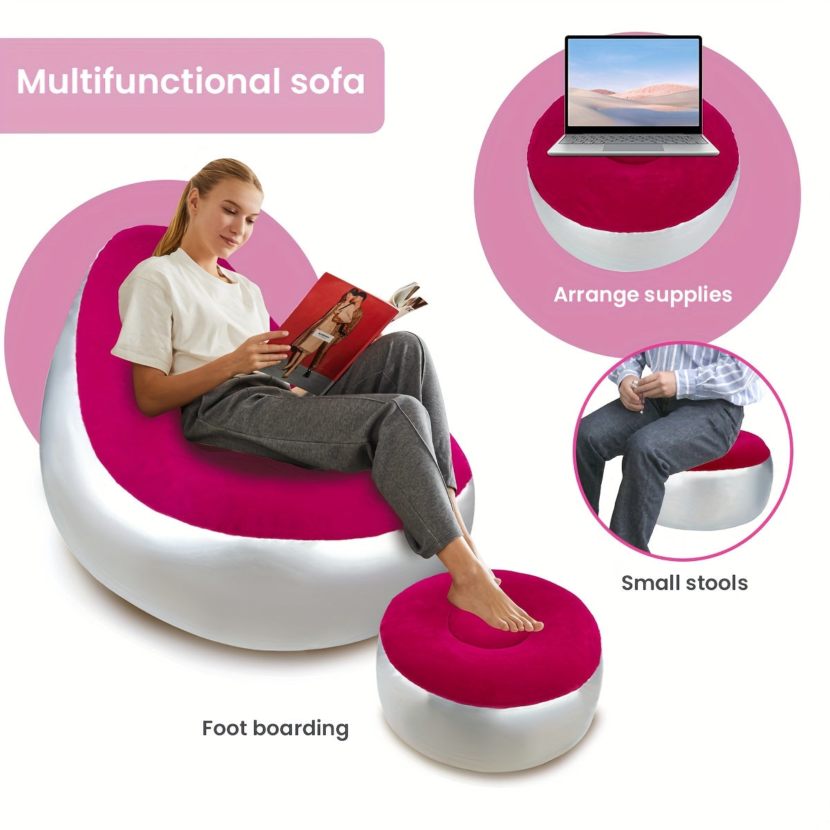 Folding Portable Lazy Sofa Chair - Reclining Flocking Air Couch With Foot Stool For Ultimate Relaxation - Perfect For Indoor Living Room, Gaming, Bedroom, Office, Balcony, Outdoor Travel, And Camping Adventures