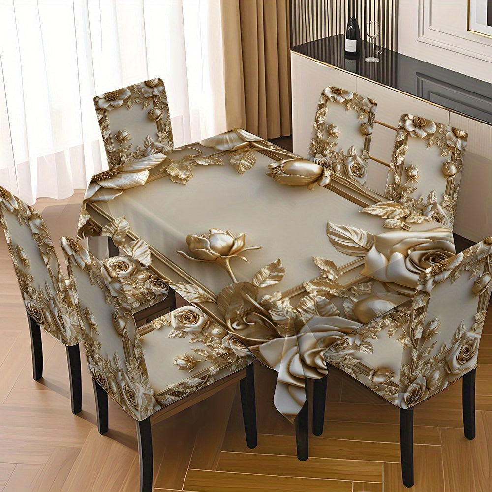 5pcs/ 7pcs Luxury Golden Flower Pattern Tablecloth And Chair Cover Set, 5pcs (1 Tablecloth 4 Chair Covers), 7pcs (1 Tablecloth 6 Chair Covers), Non-Slip Tablecloth Chair Cover, Suitable for Family Gatherings, Holiday Table An