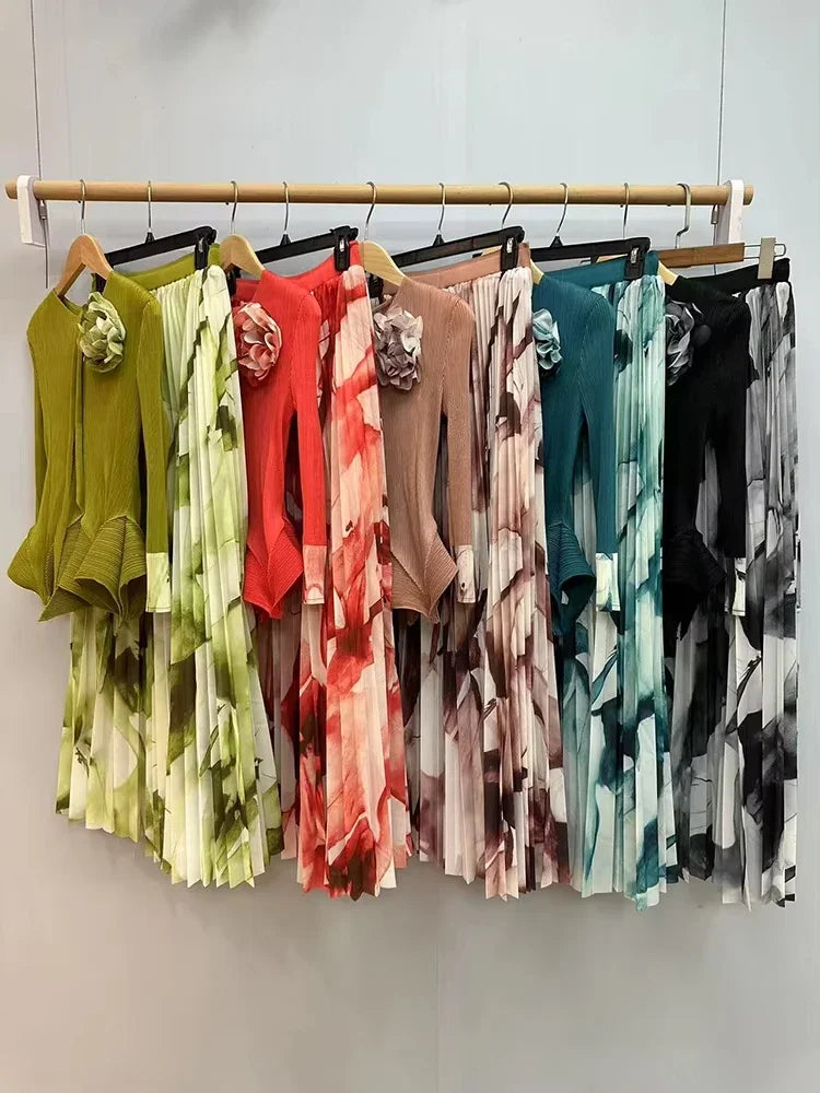 Ruffled Pleated A-line Skirt with Top