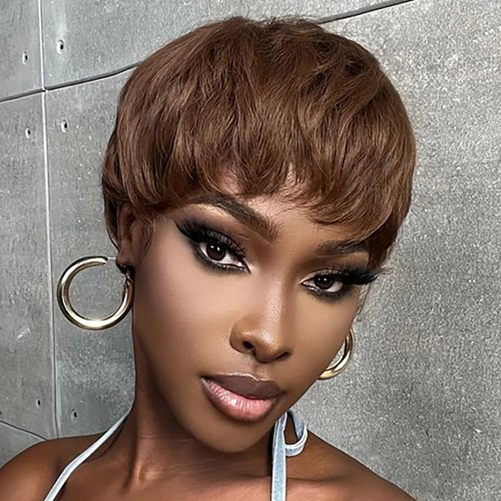 Brown Pixie Cut Human Hair Wig with Bangs