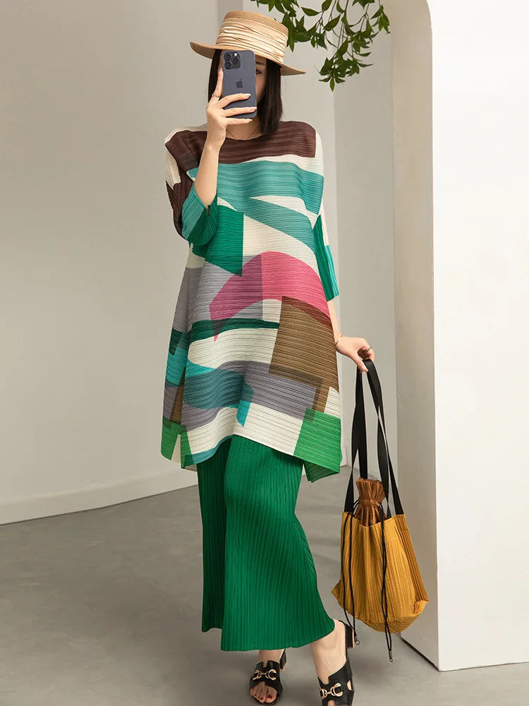 Women Color Block Shirt & Wide Pants Set