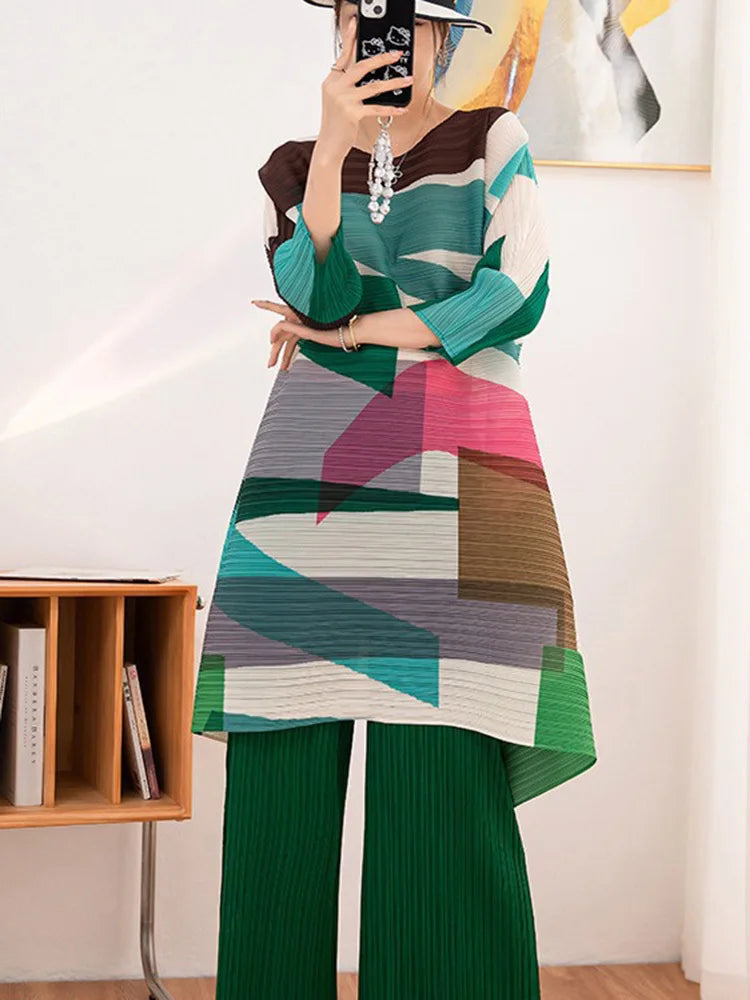 Women Color Block Shirt & Wide Pants Set