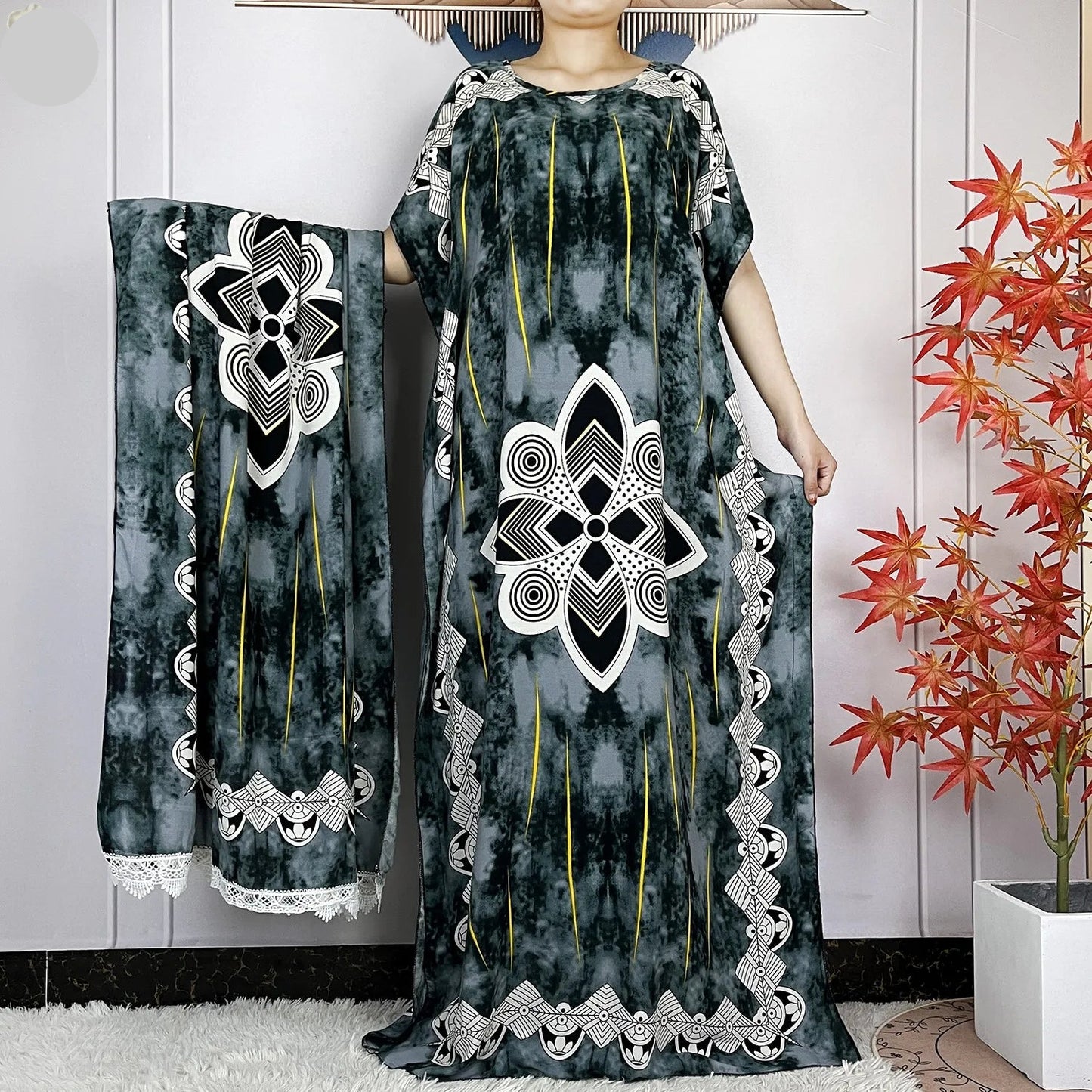 Elegant Loose fit Printed Caftan Dress with scarf