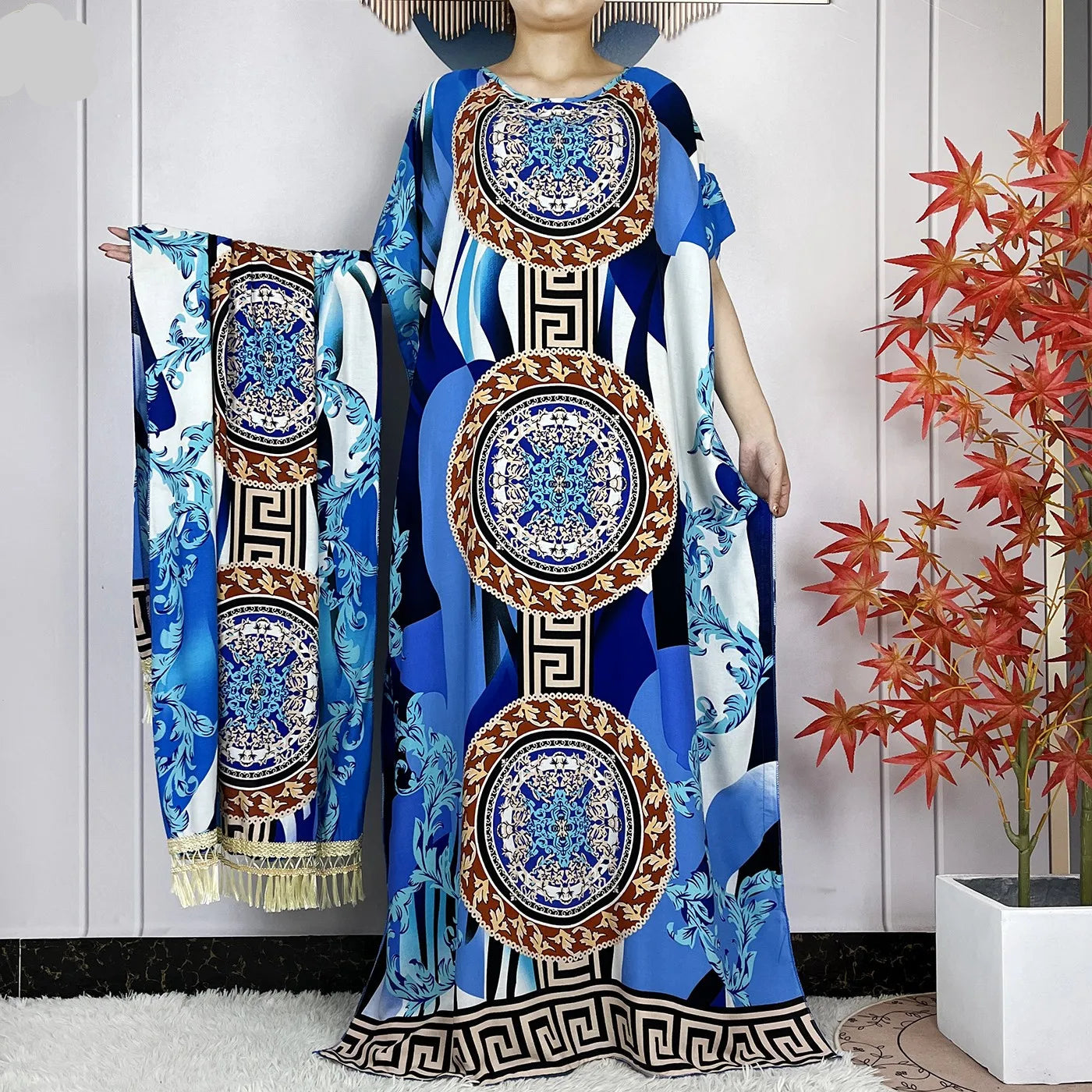 Elegant Loose fit Printed Caftan Dress with scarf