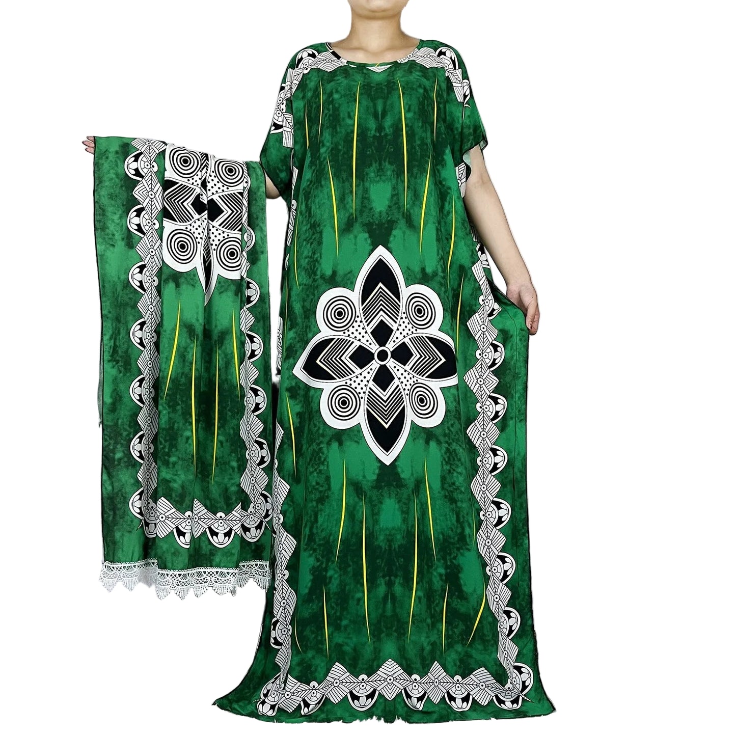 Elegant Loose fit Printed Caftan Dress with scarf
