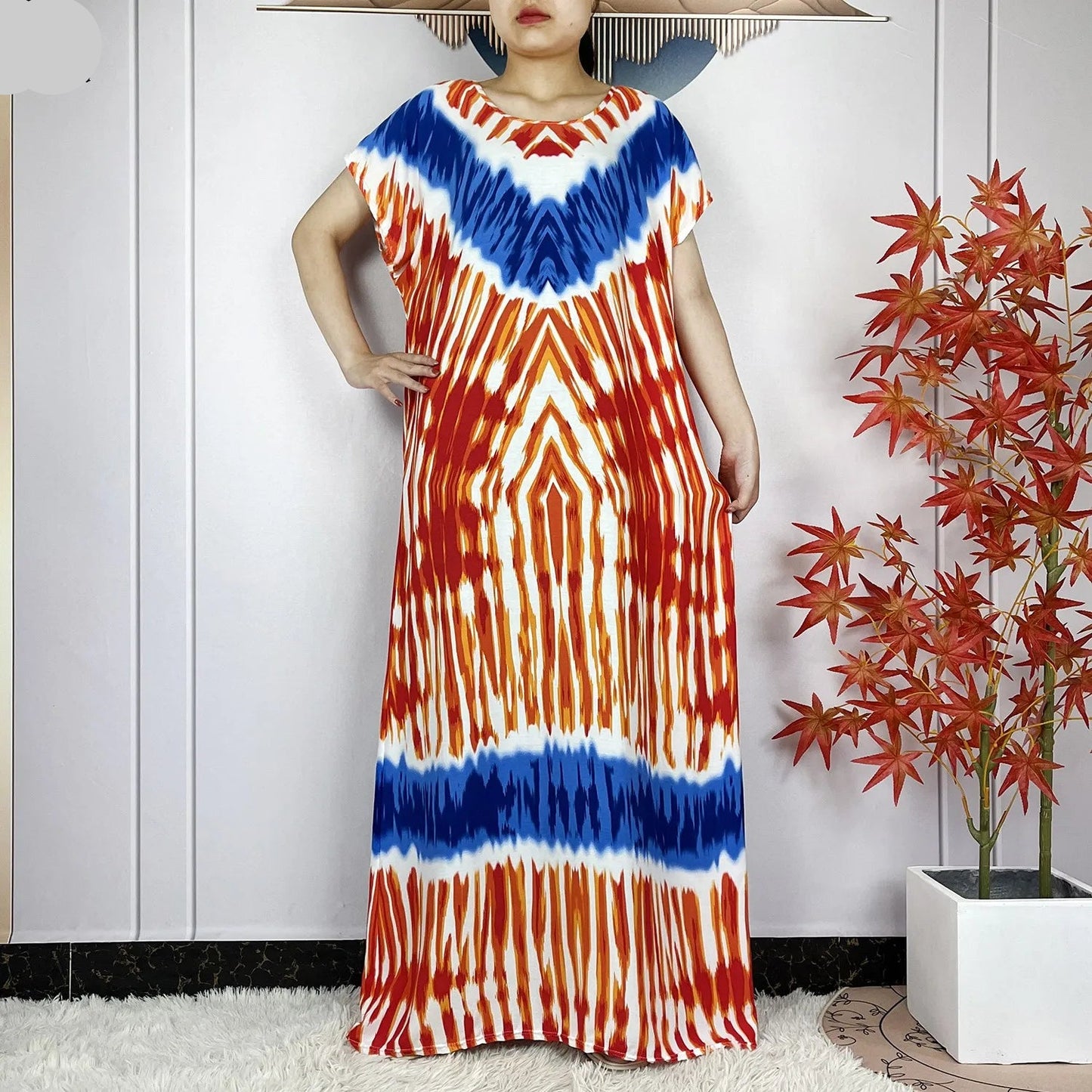 African Tie-Dye Dashiki Abaya Dress with Scarf