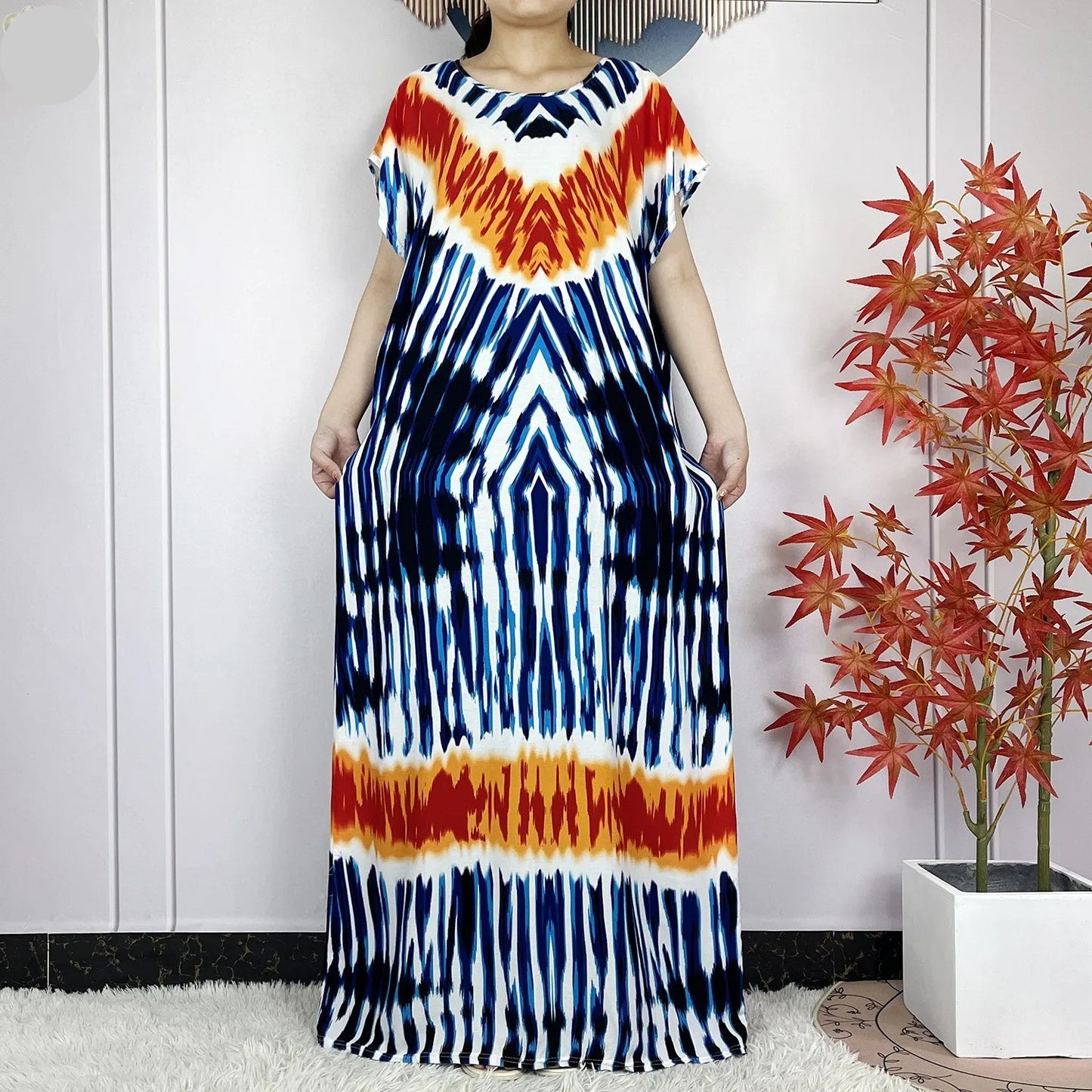 African Tie-Dye Dashiki Abaya Dress with Scarf