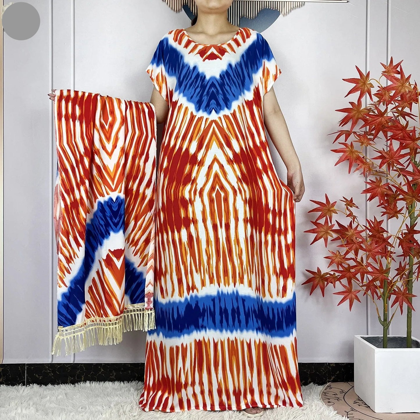 African Tie-Dye Dashiki Abaya Dress with Scarf