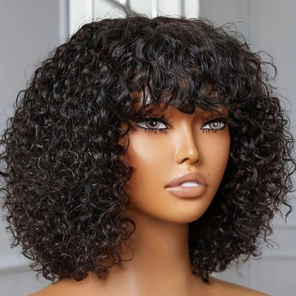 Jerry Curly Short Bob Human Hair Wigs With Bangs
